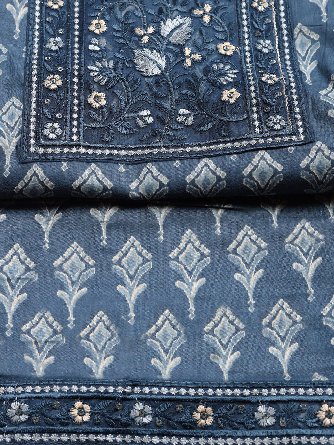 Printed Cotton Blend Unstitched Suit With Pant &amp; Dupatta