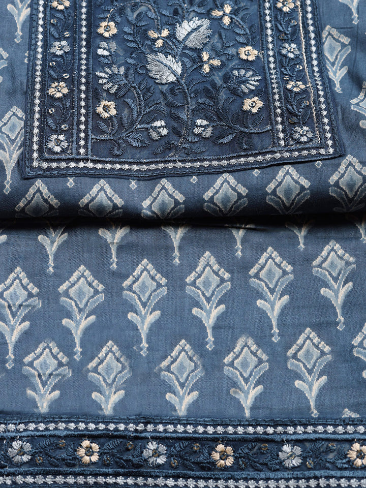 Printed Cotton Blend Unstitched Suit With Pant &amp; Dupatta