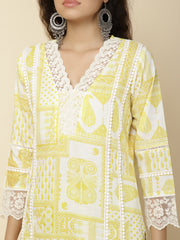 Printed & Panel Embroidery Cotton Kurta With Pants