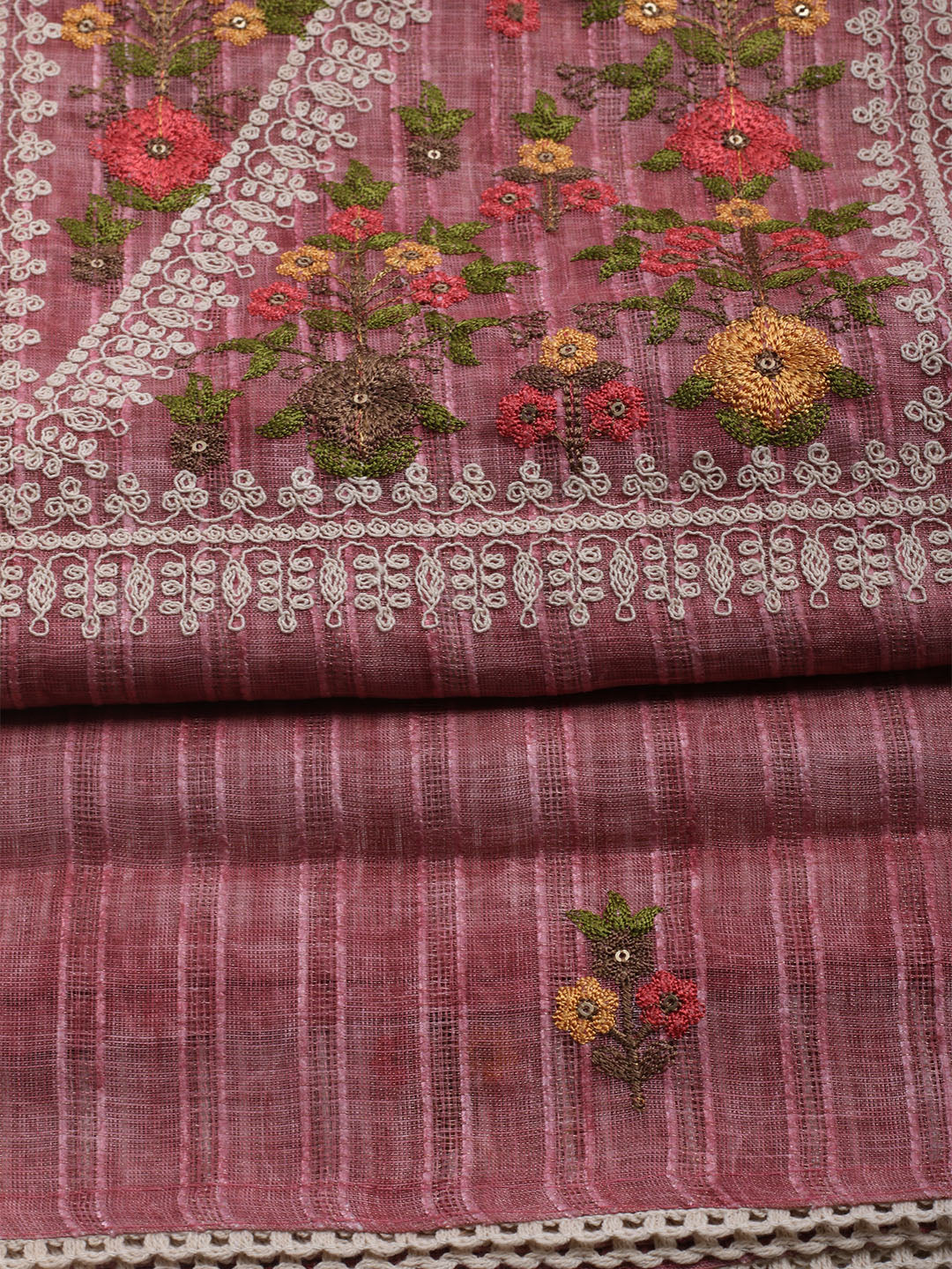 Embroidered Linen Unstitched Kurta With Pant & Dupatta