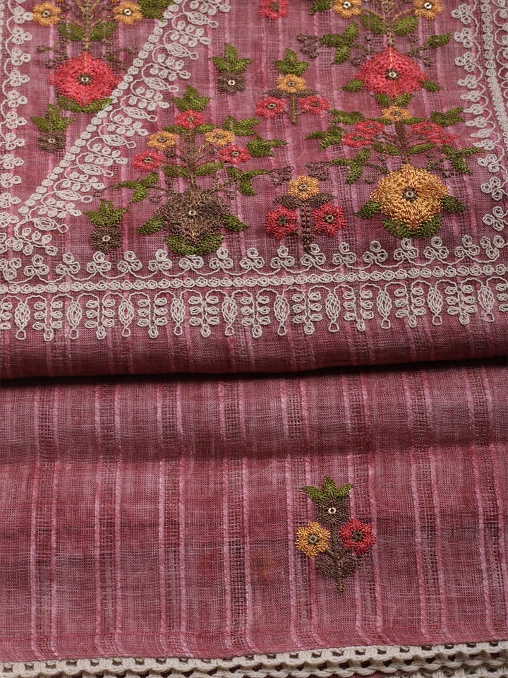 Embroidered Linen Unstitched Kurta With Pant &amp; Dupatta