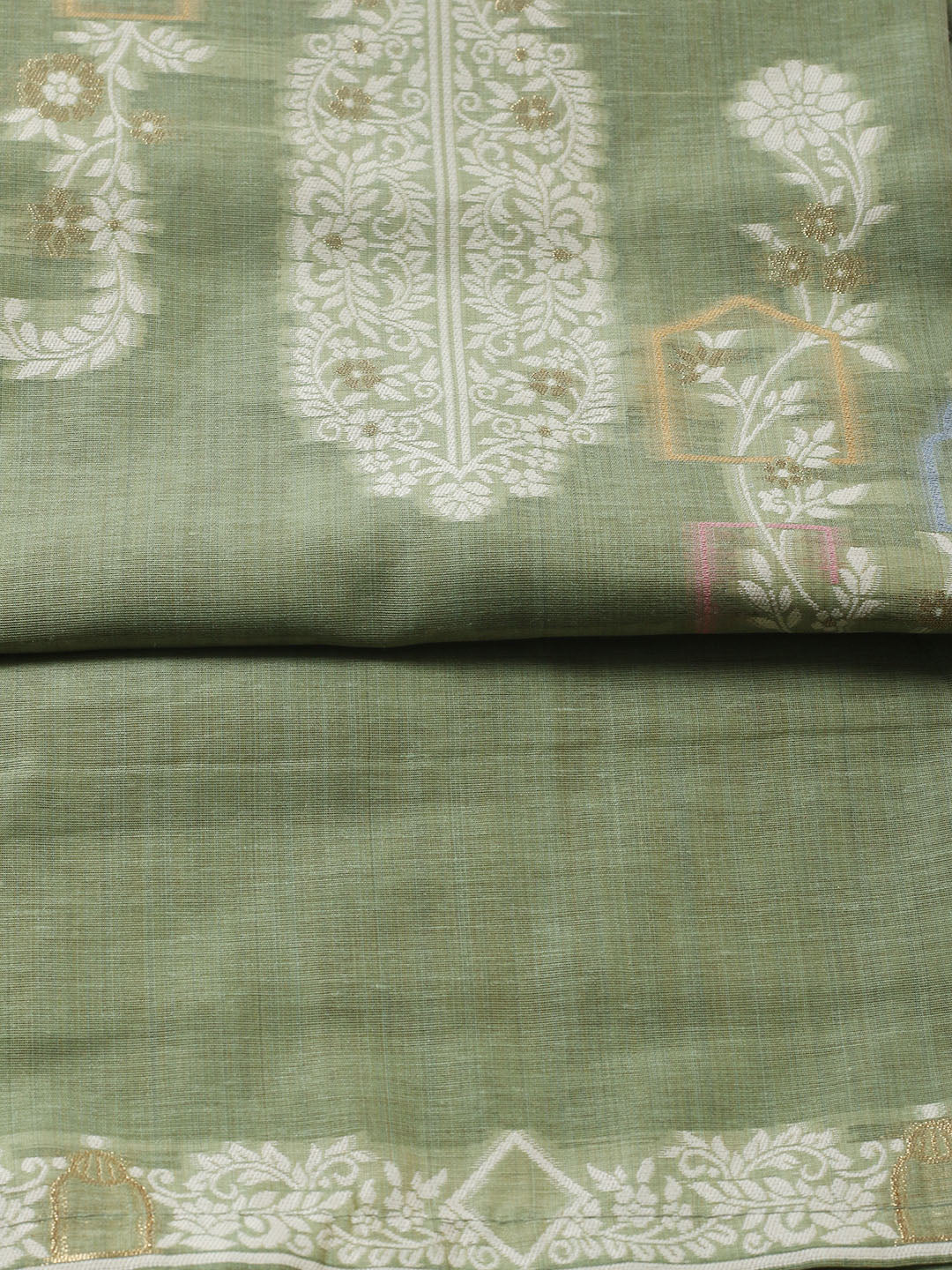 Printed Chanderi Unstitched Suit With Pant &amp; Dupatta