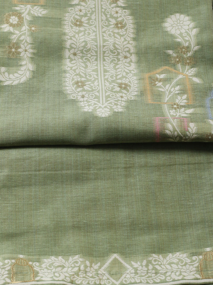 Printed Chanderi Unstitched Suit With Pant &amp; Dupatta