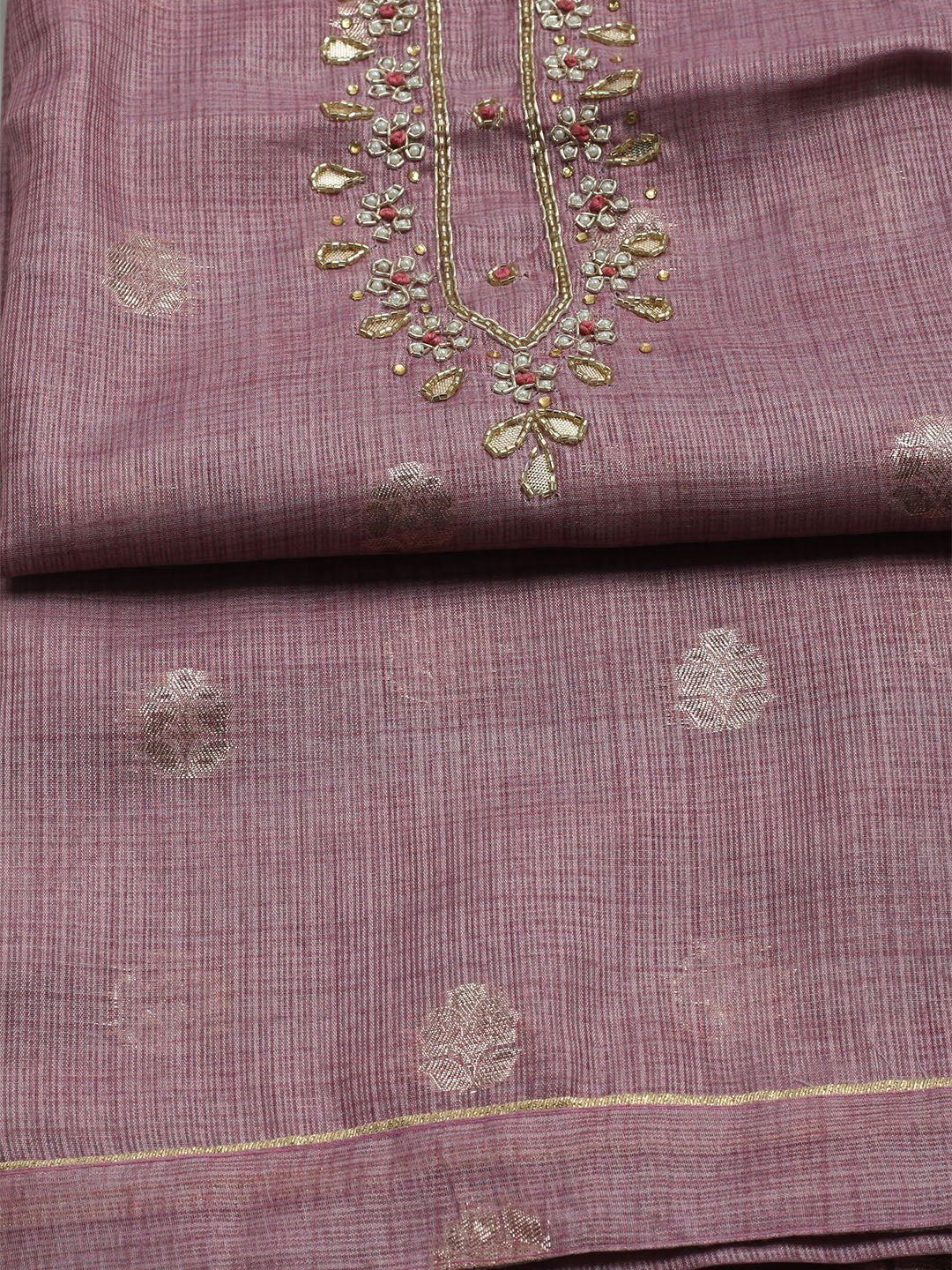 Embroidered Linen Unstitched Kurta With Pant &amp; Dupatta