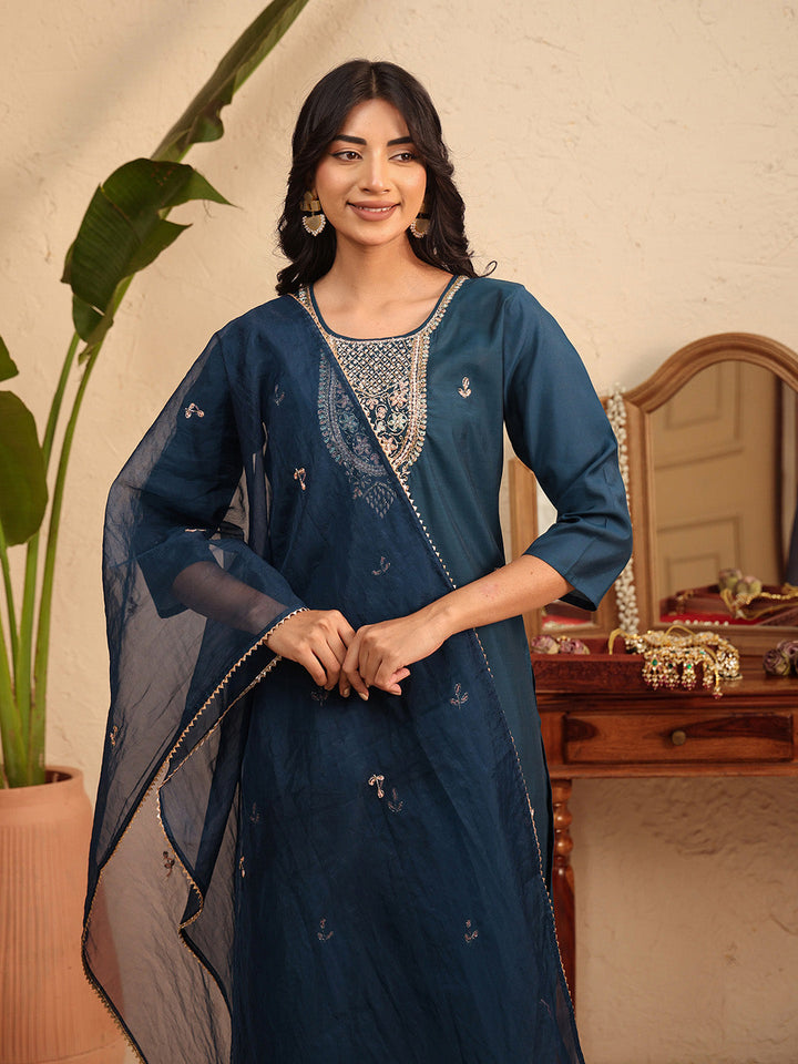 Embroidered Cotton Kurta With Pant &amp; Dupatta
