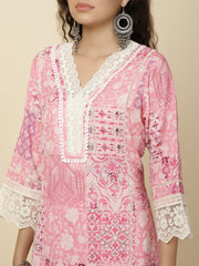 Printed & Panel Embroidery Cotton Kurta With Pants