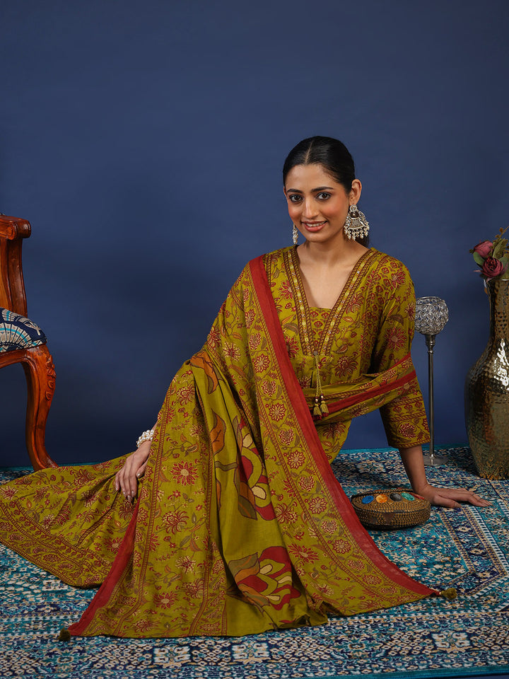 Mehndi Cotton Blend Printed Straight Suit Set
