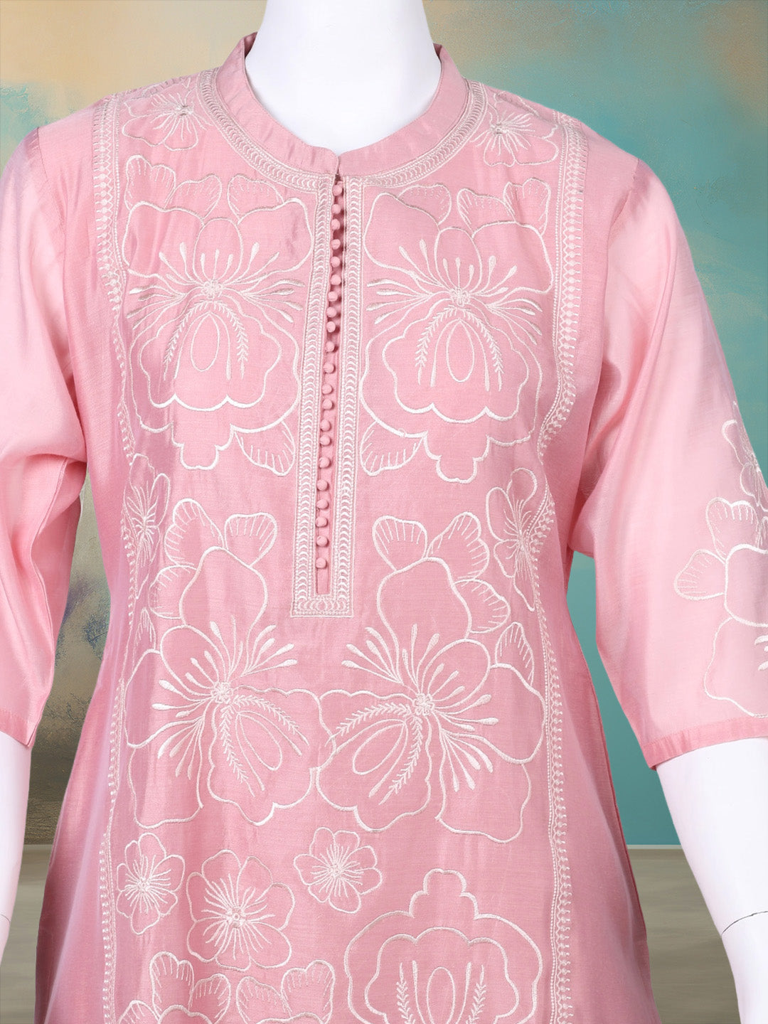Embroidered Chanderi Kurta With Pant & Dupatta
