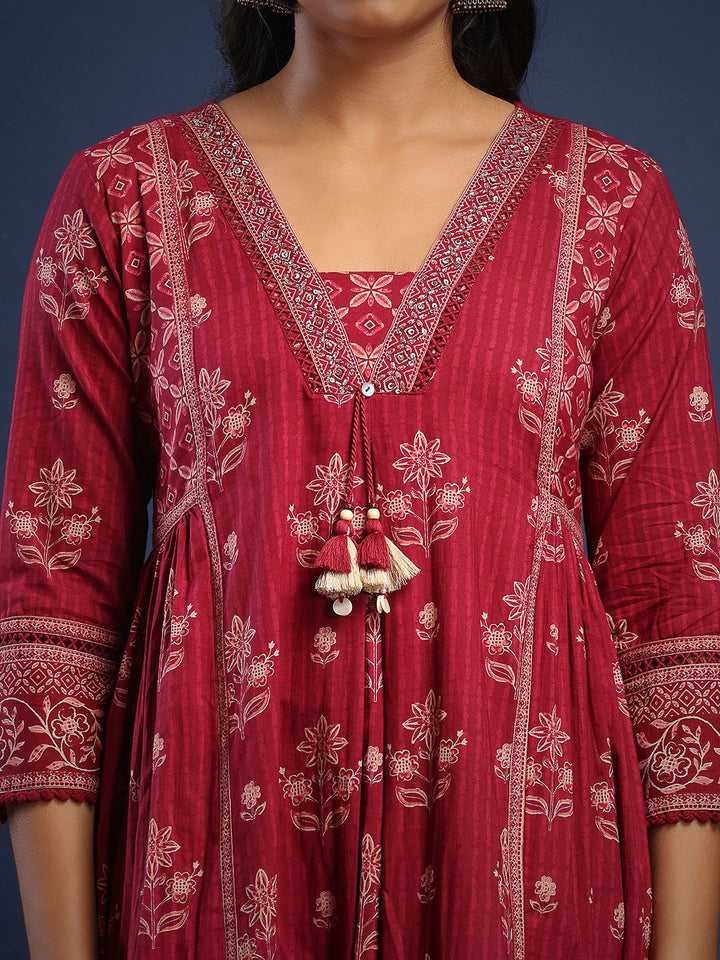 Wine Cotton Blend Printed Straight Suit Set