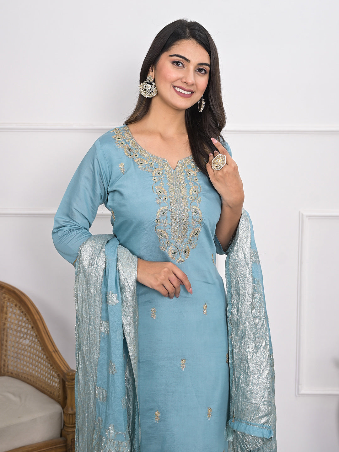 Neck Embroidery Muslin Kurta With Pants &amp; Dupatta
