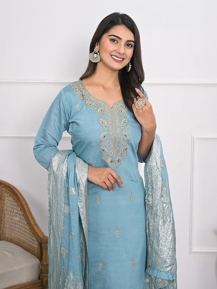 Neck Embroidery Muslin Kurta With Pants &amp; Dupatta