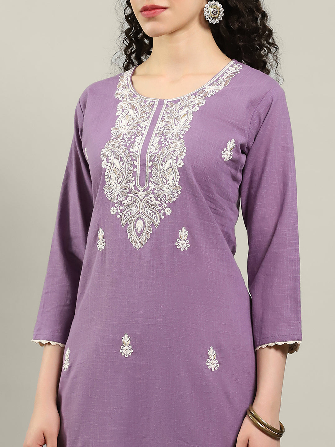 Neck Embroidered Cotton Blend Kurta With Pants
