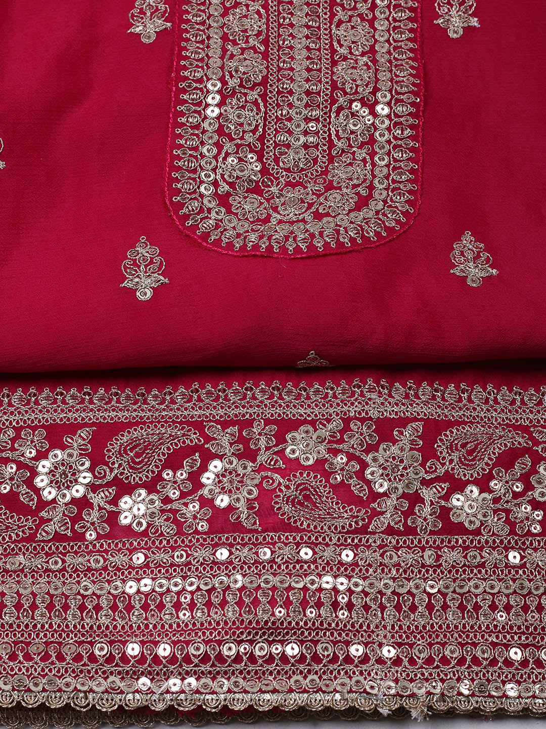 Embroidered Chinon Unstitched Suit With Pant &amp; Dupatta