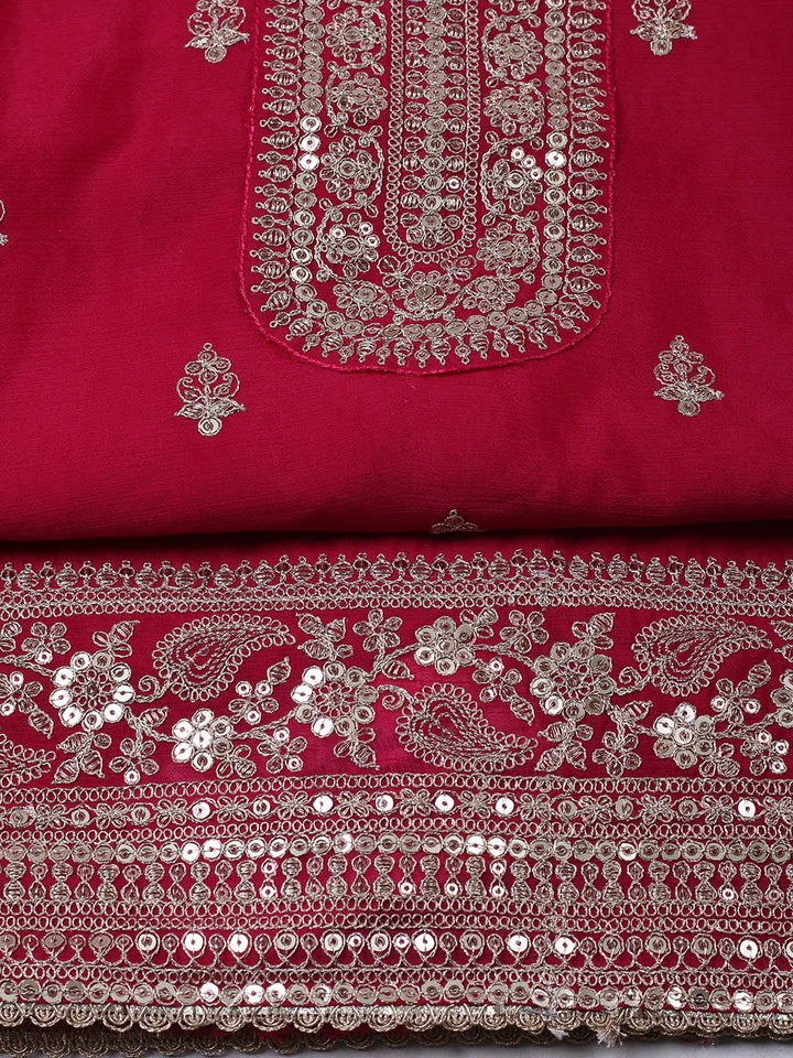 Embroidered Chinon Unstitched Suit With Pant &amp; Dupatta