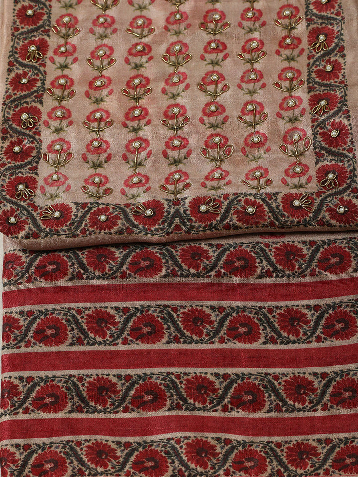 Embroidered Tussar Unstitched Suit With Pant &amp; Dupatta
