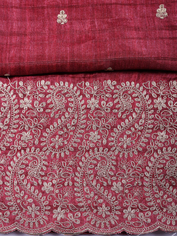 Embroidered Tussar Silk Unstitched Suit With Pant &amp; Dupatta