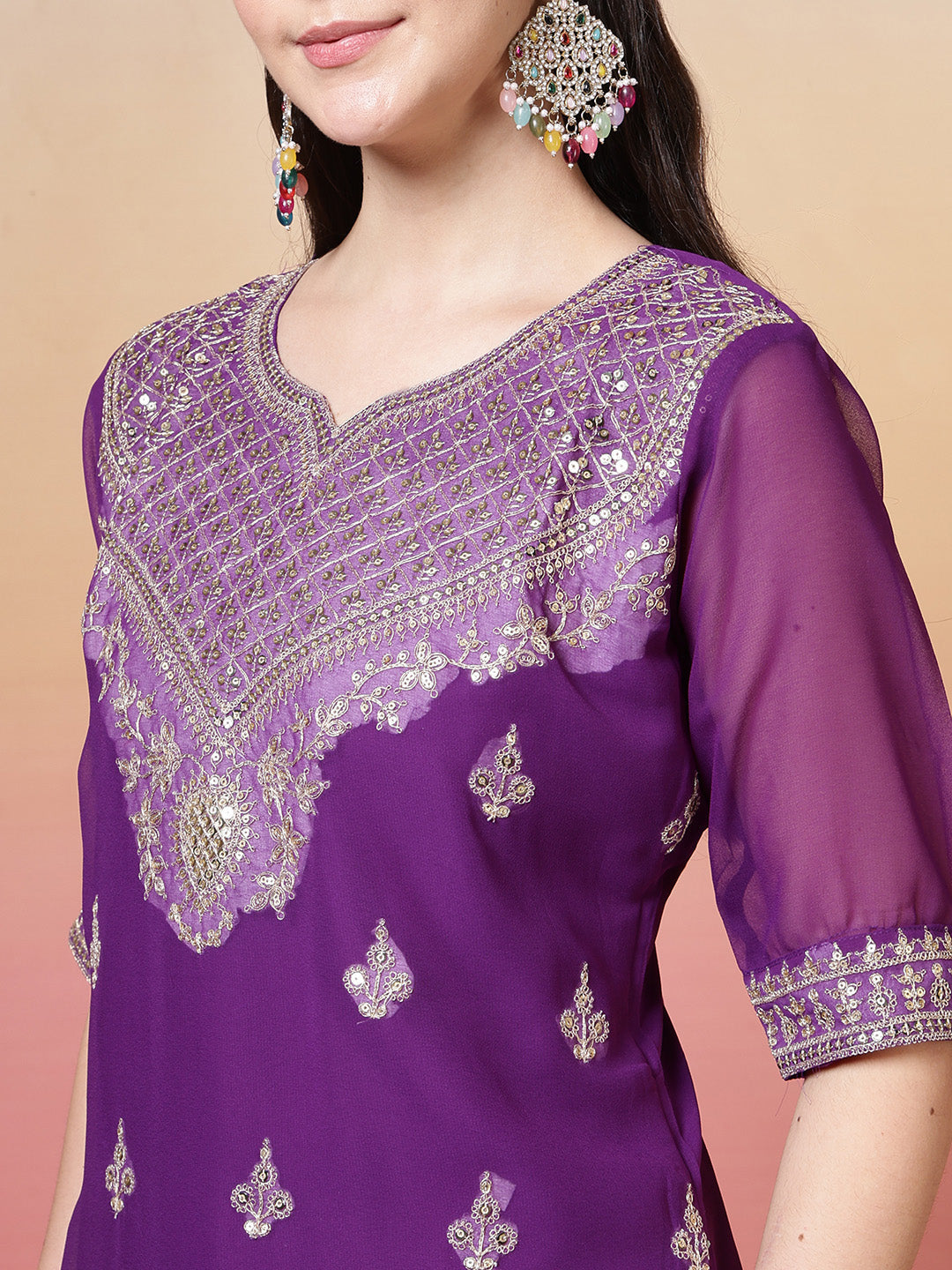 Embroidered Georgette Kurta With Sharara &amp; Dupatta