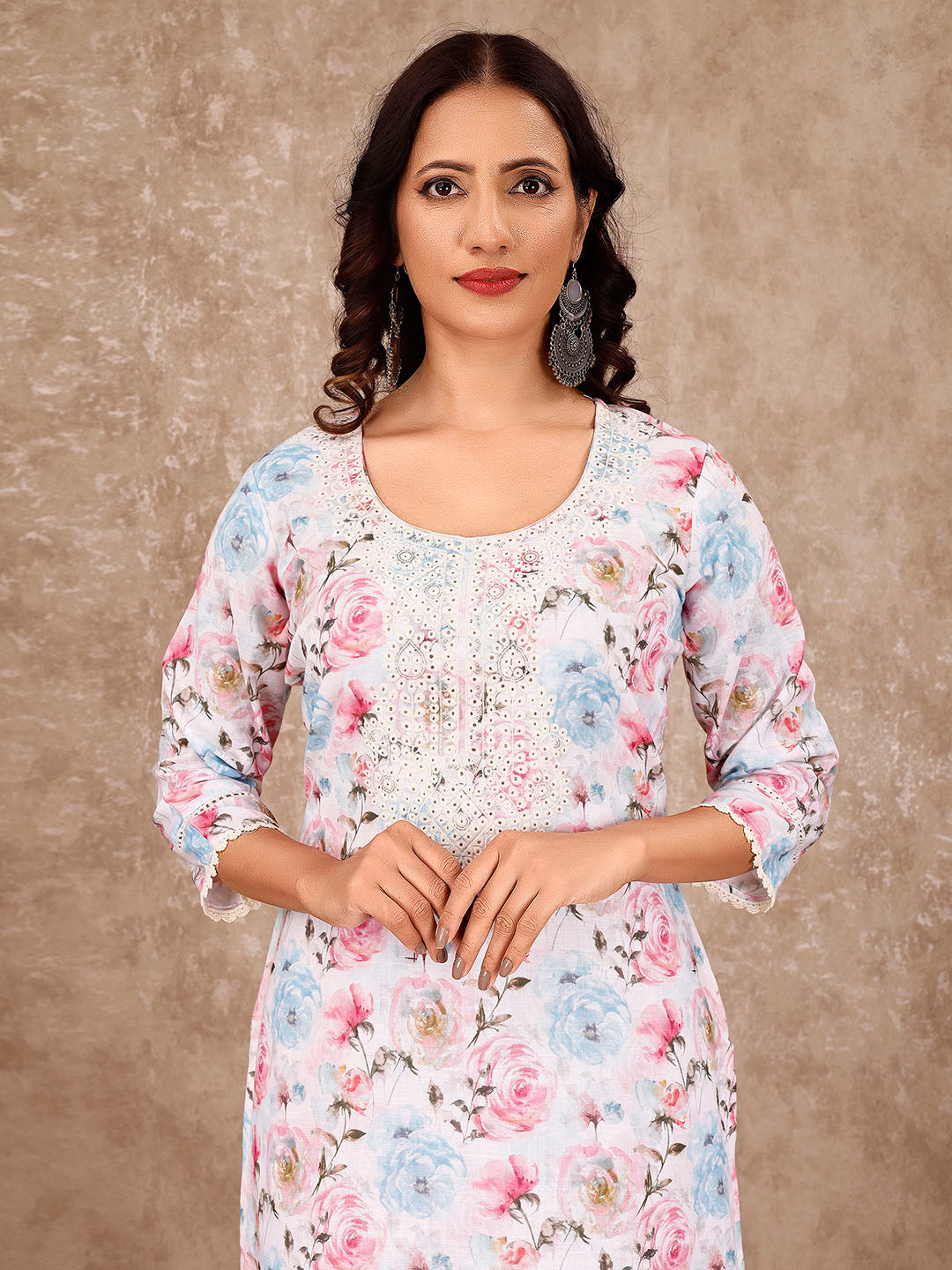 Neck Embroidery Cotton Blend Kurta With Pants &amp; Dupatta