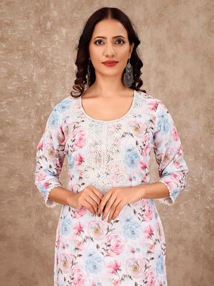 Neck Embroidery Cotton Blend Kurta With Pants &amp; Dupatta