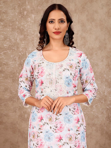 Neck Embroidery Cotton Blend Kurta With Pants & Dupatta