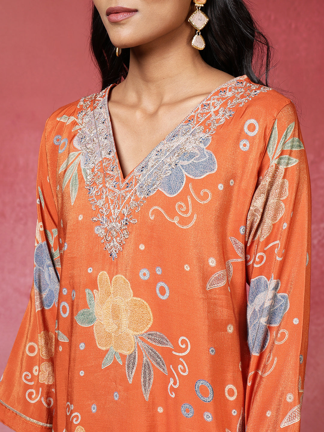 Neck Embroidered Cotton Blend Kurta With Pants