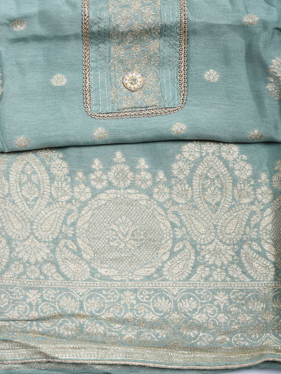 Embroidered Chanderi Unstitched Suit With Pant &amp; Dupatta