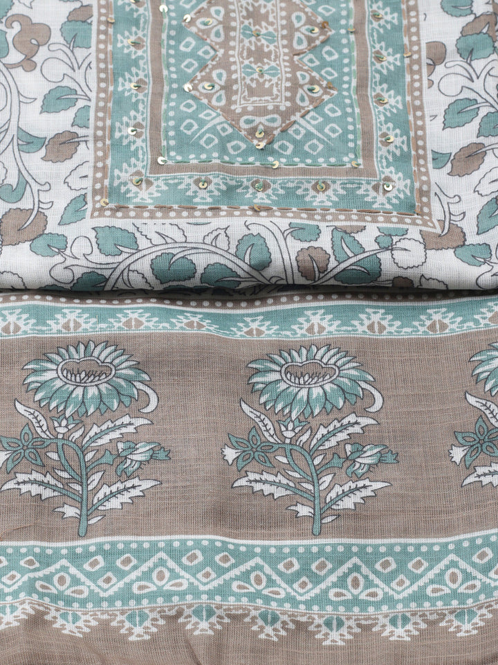 Printed Linen Blend Unstitched Suit With Pant &amp; Dupatta