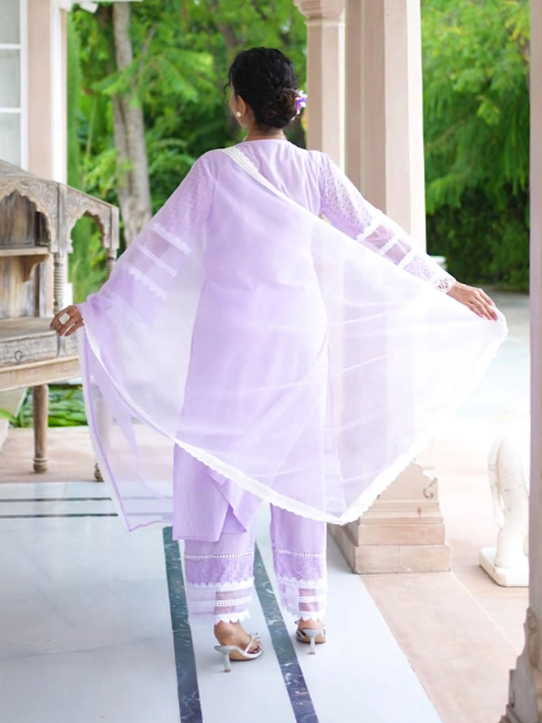 Lavender Embroidered Cotton Blend A-Line Suit Set With Dupatta