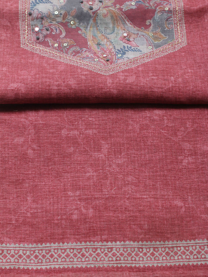 Embroidered Linen Blend Unstitched Suit With Pant &amp; Dupatta