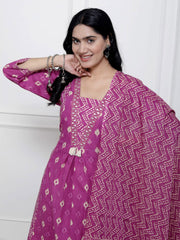 Printed Cotton Blend Kurta With Pants & Dupatta