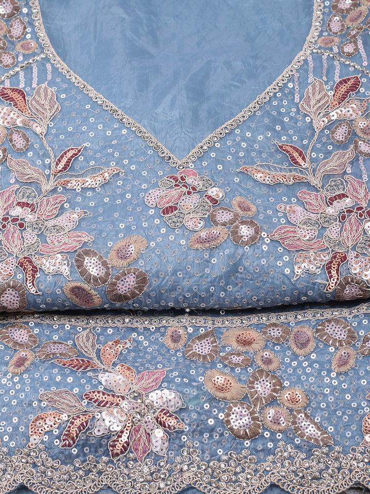 Embroidered Organza Unstitched Suit With Pant &amp; Dupatta