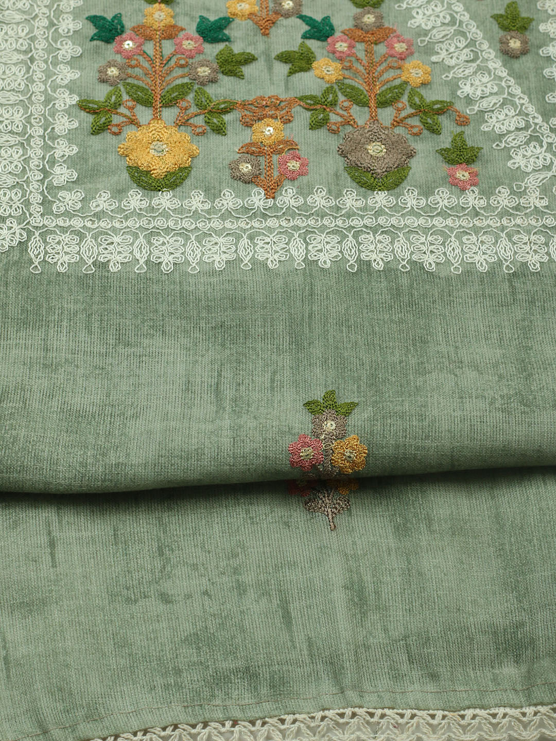 Embroidered Linen Unstitched Kurta With Pant &amp; Dupatta
