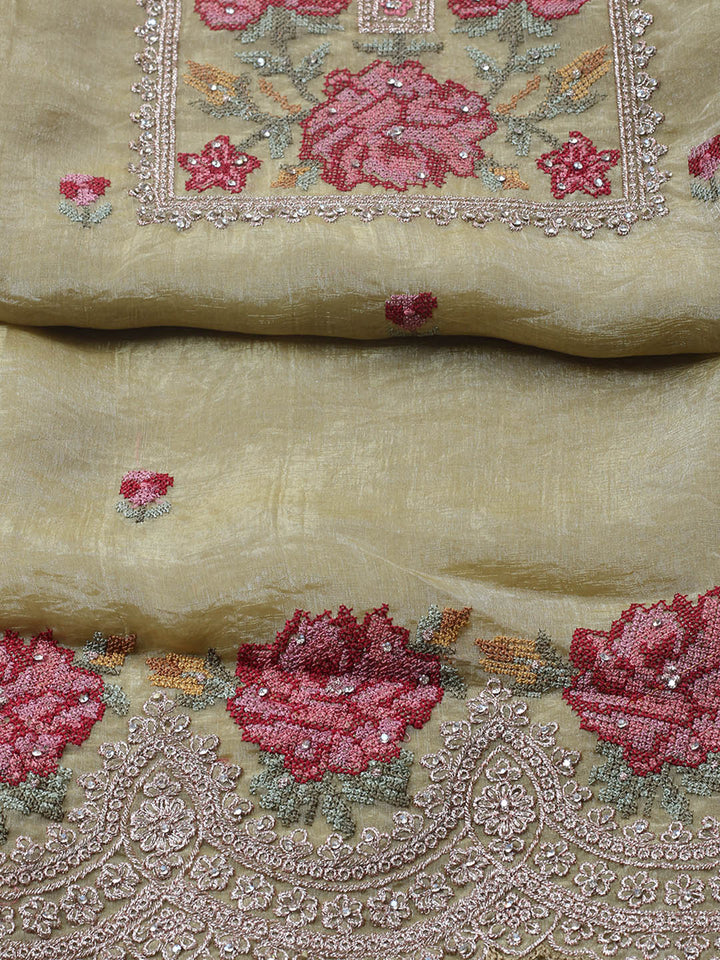 Embroidered Tissue Unstitched Suit With Pant &amp; Dupatta