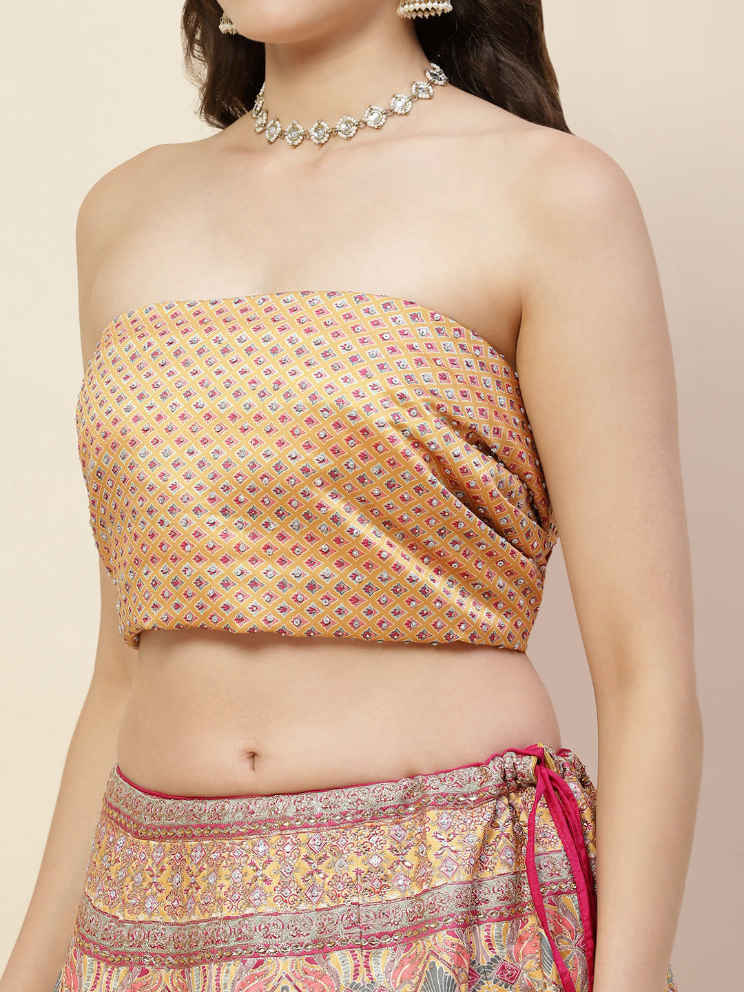 Printed & Thread Embroidered Choli With Unstitched Lehenga & Dupatta