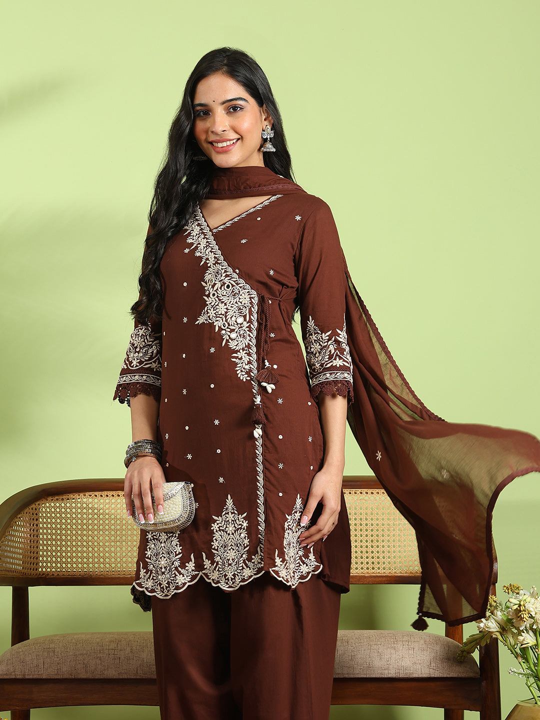 Embroidered Cotton Kurta With Pant &amp; Dupatta