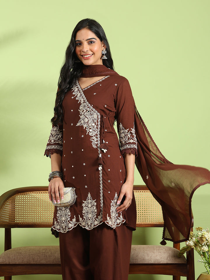 Embroidered Cotton Kurta With Pant &amp; Dupatta