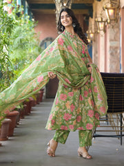 Printed Cotton Blend Kurta With Pants & Dupatta