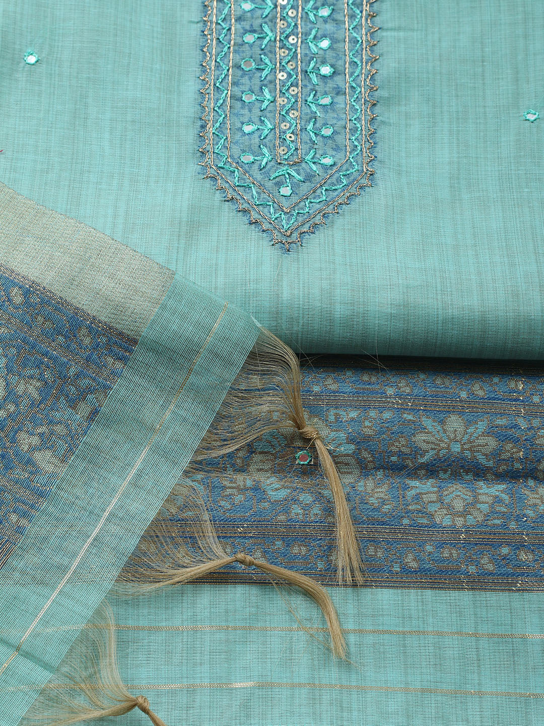 Embroidered Chanderi Unstitched Suit With Pant &amp; Dupatta