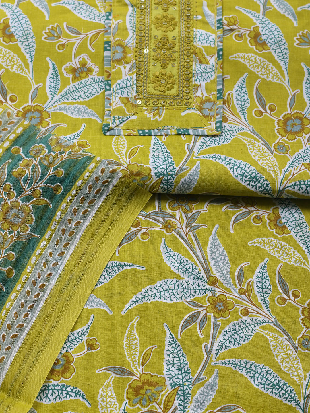 Printed Cotton Blend Unstitched Suit With Pant &amp; Dupatta