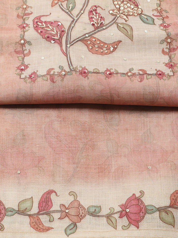 Printed Linen Blend Unstitched Suit With Pant &amp; Dupatta