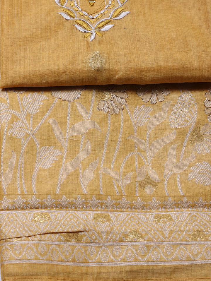 Embroidered Cotton Blend Unstitched Suit With Pant &amp; Dupatta