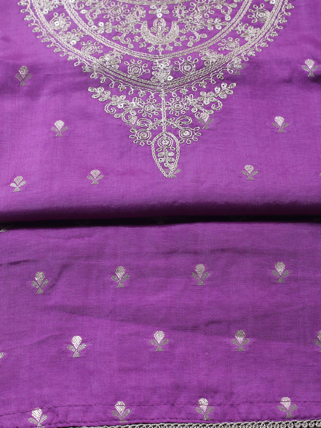Embroidered Chanderi Unstitched Suit With Pant &amp; Dupatta