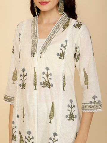 Block Printed Cotton Kurta With Palazzo & Dupatta