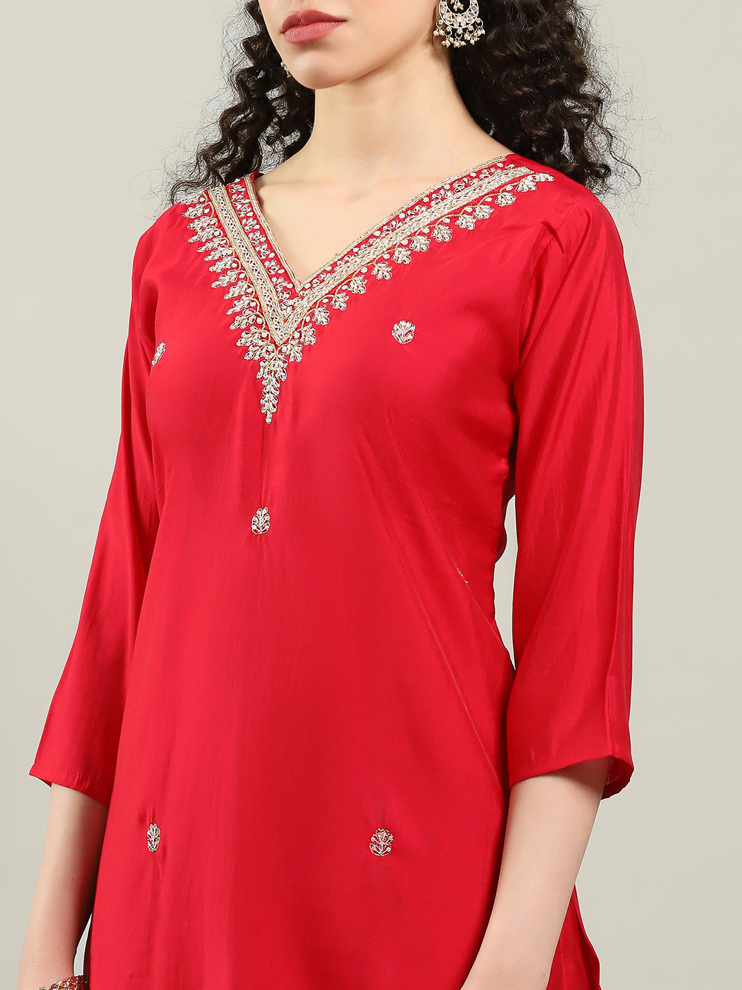 Embroidered Cotton Blend Kurta With Pants & Dupatta