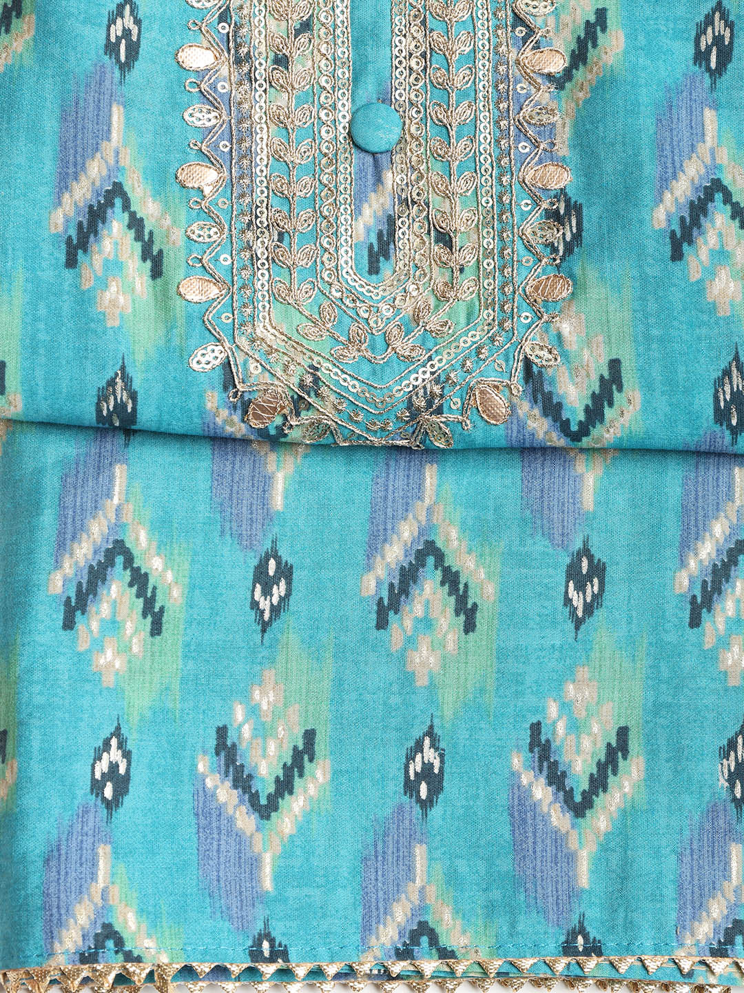 Gota Neck Cotton Blend Unstitched Suit With Dupatta