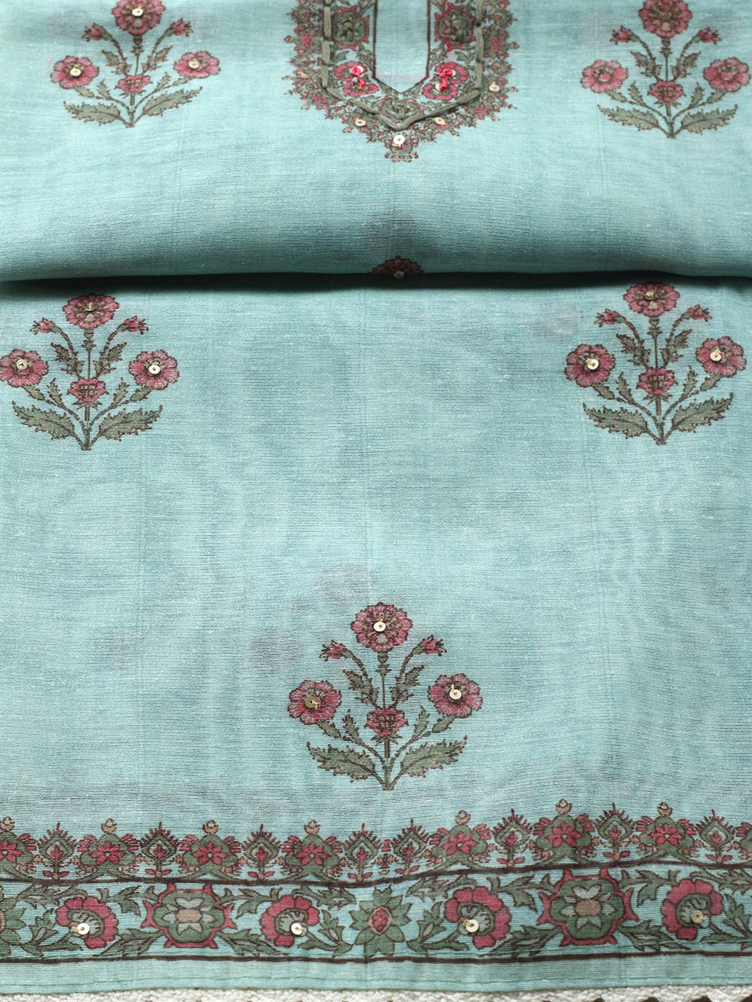 Embroidered Chanderi Unstitched Suit With Pant &amp; Dupatta