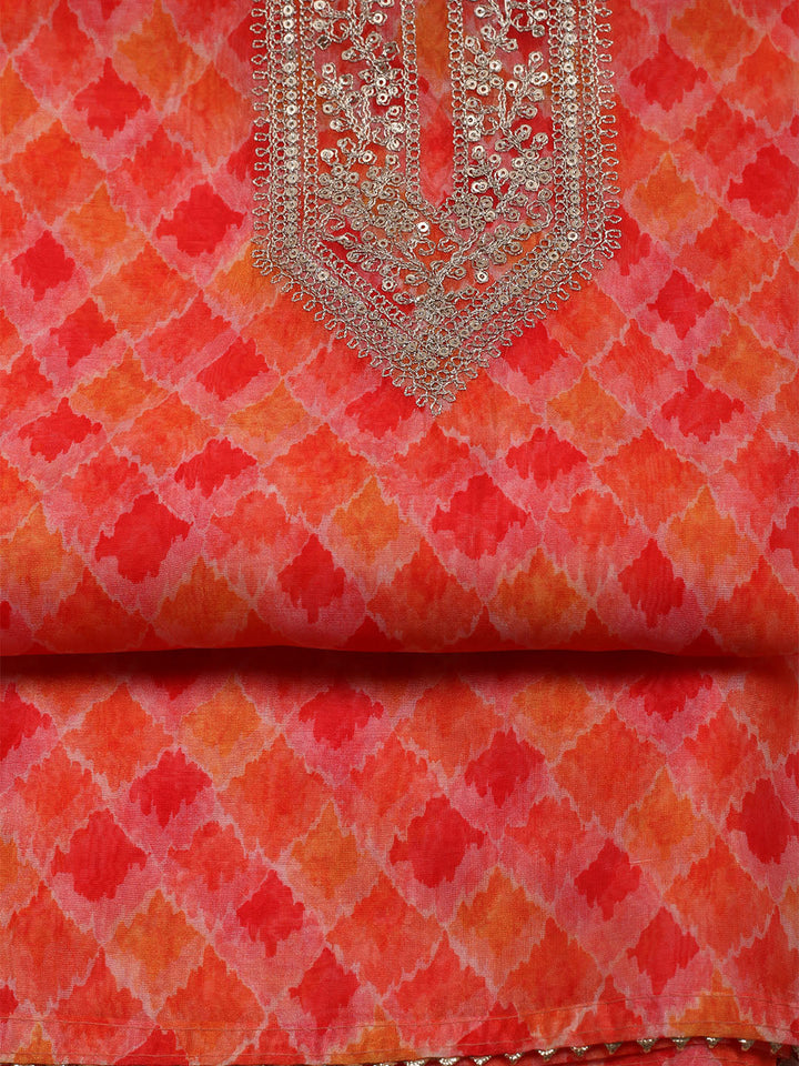 Neck Embroidered &amp; Printed Organza Unstitched Suit With Dupatta