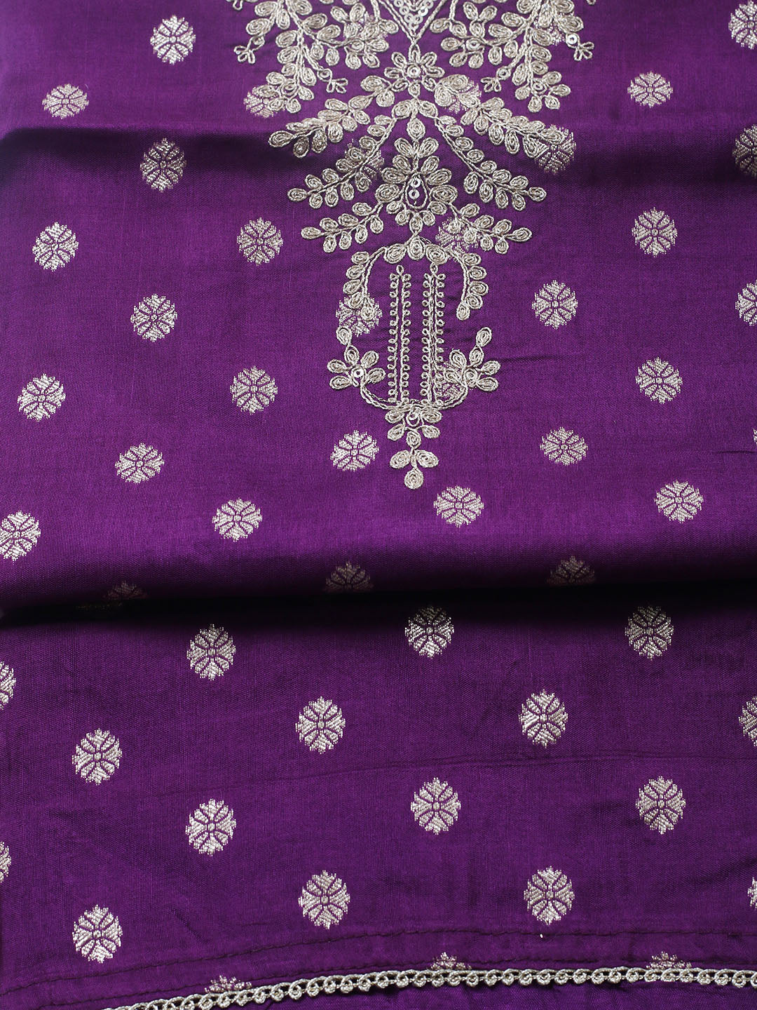 Embroidered Chanderi Unstitched Suit With Pant &amp; Dupatta