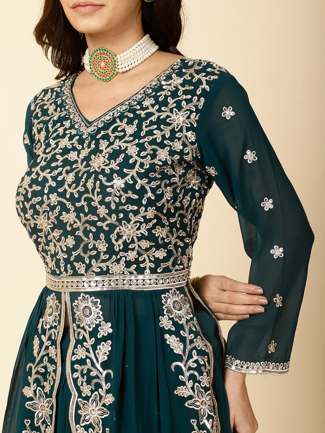 Resham Embroidery Georgette Kurta With Lehenga &amp; Dupatta