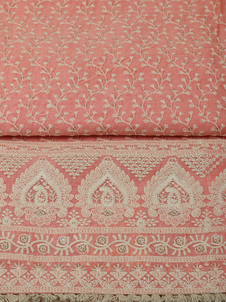 Embroidered Chanderi Unstitched Suit With Pant &amp; Dupatta